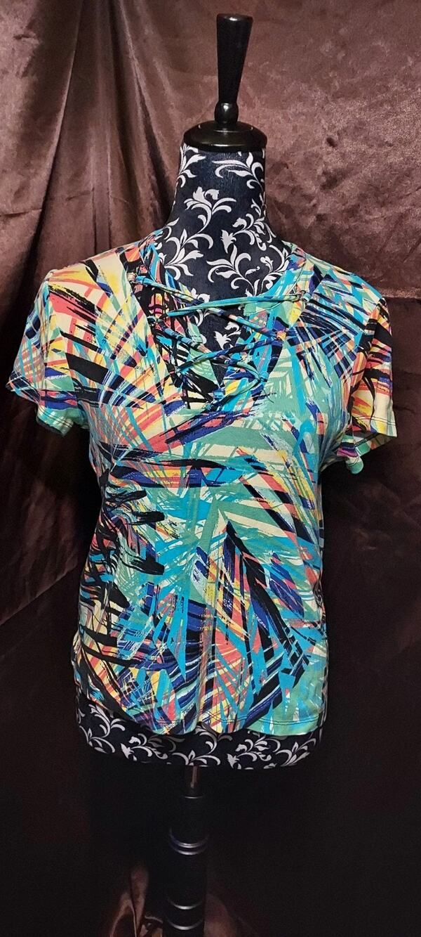 Rafaella Multicolor Multicolor Tee with Laced Neckline Size Med